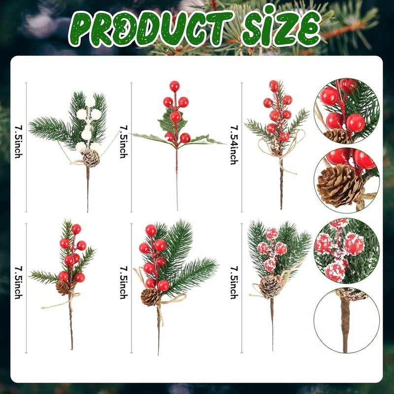 KFJBPB 6 Pcs Artificial Christmas Picks 7 Inch, Holly Berry Stems Pine Cones Pine Stems Holly Leaves Xmas Tree Picks for Crafts Christmas Floral Arrangements Wreath Winter Holiday Decorations (6) - Image 2